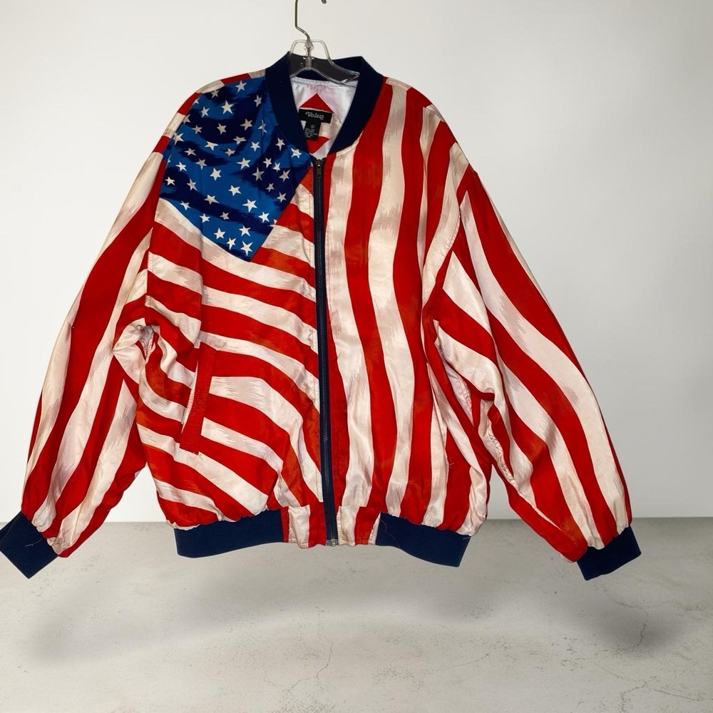 Vintage 90s American Flag 100% Silk Oversized Bomber Jacket Men XL Patriotic